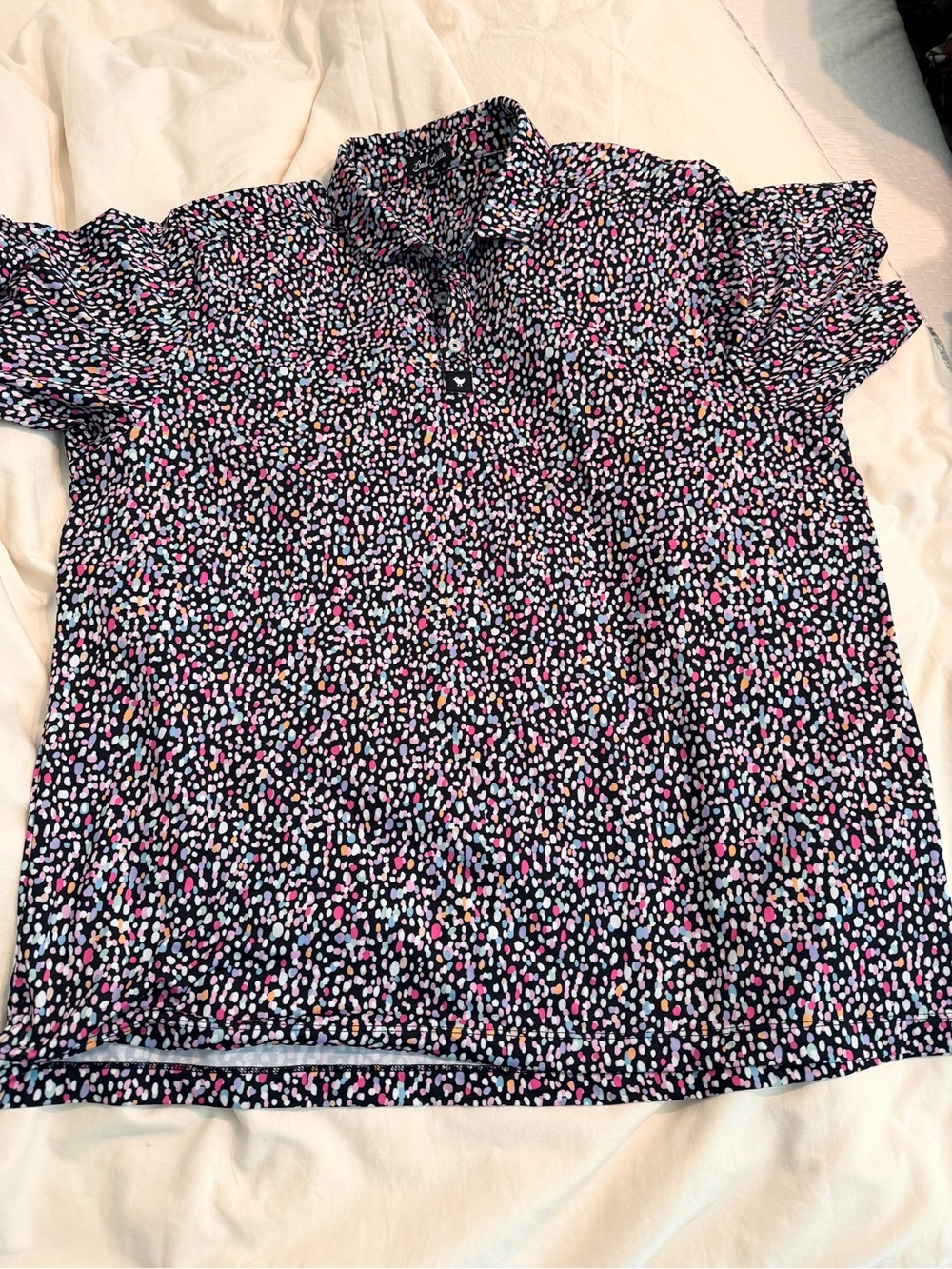 Bad Birdie Stretchy Polo with Pink Blue White and Tan Speckle XXL